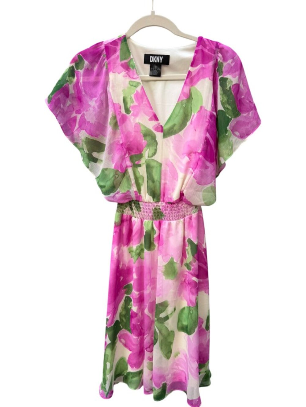 DKNY Watercolor Floral V-Neck Smocked Waist Chiffon Dress Size 2